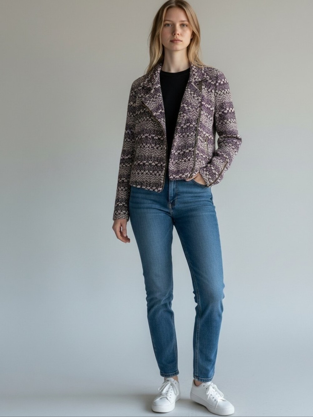 Lucky Brand Marled Knit Moto Style Cardigan Jacket in Cream, Burgundy & Black XS